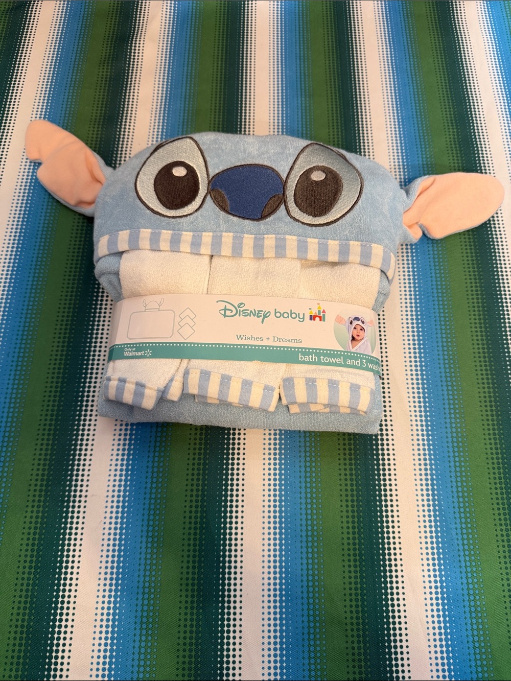 Disney Baby Light Blue and Cream Hooded Bath Towel with Stitch Motif